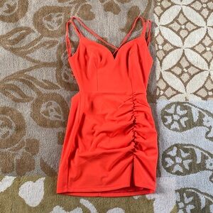 B Darlin Orange-Red Ruched Sweetheart Mini Dress